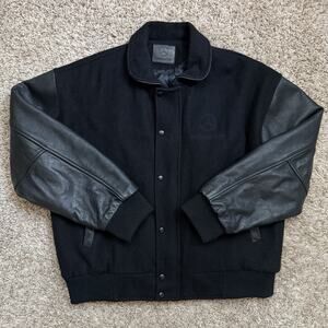 Vintage 90’s Mercedes Benz Wool Leather Black Varsity Jacket Made In USA Size M
